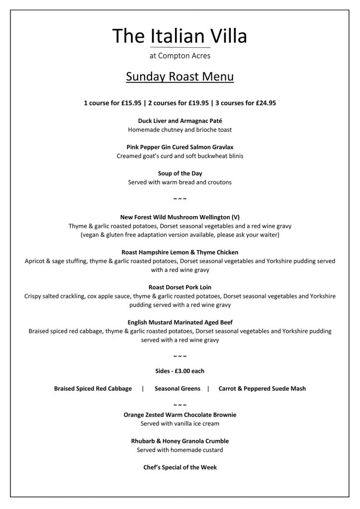 Sunday Roast Menu